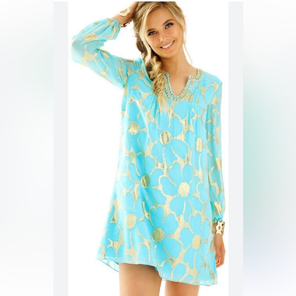 LILLY PULITZER Colby Breakwater Silk Blue Long Sleeve Gold Shimmer Dress 0